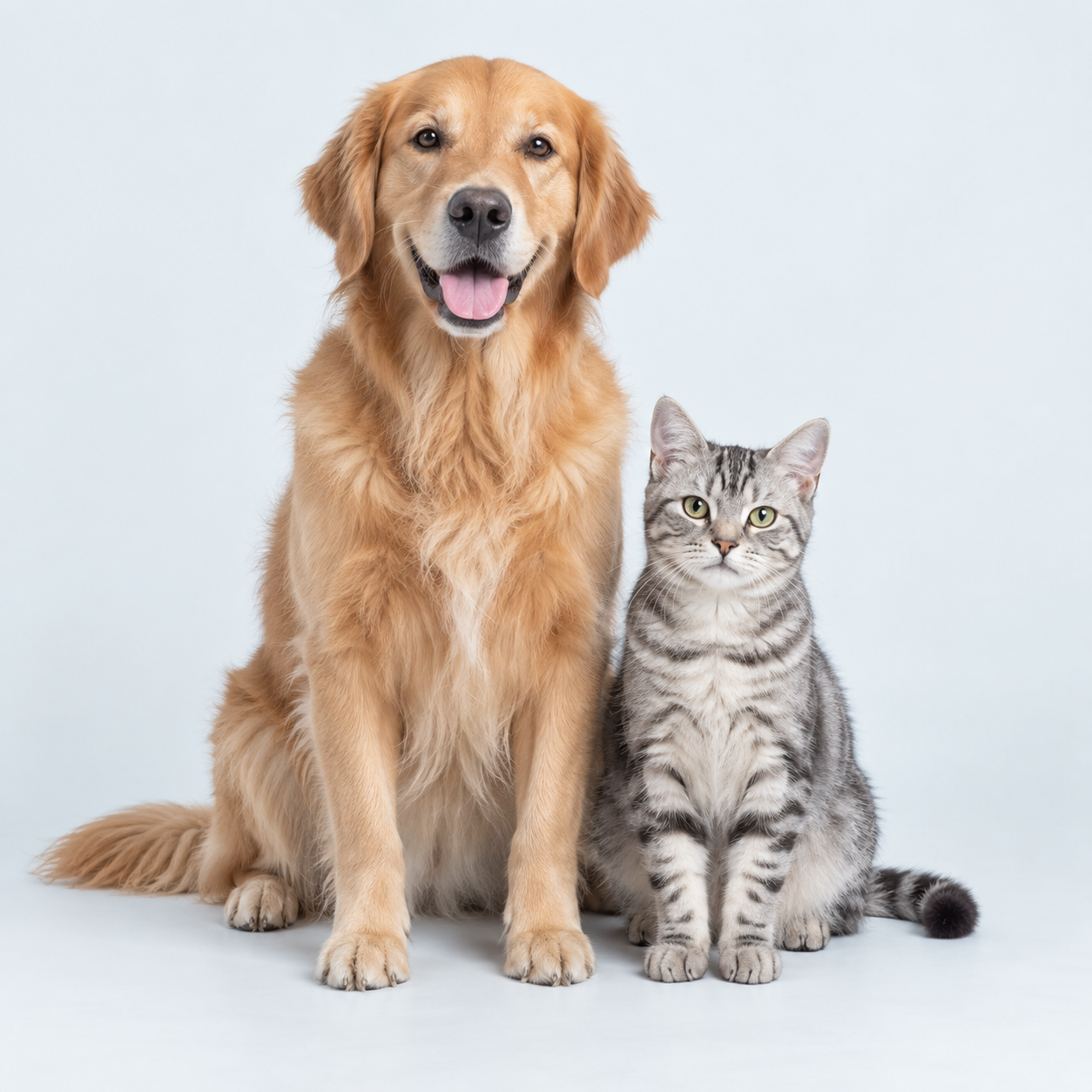 Yan yana oturan bir golden retriever ve tekir kedi